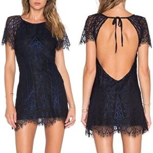 For Love and Lemons Lyla Eyelash Lace Open Back Mini Dress Blue Black Large